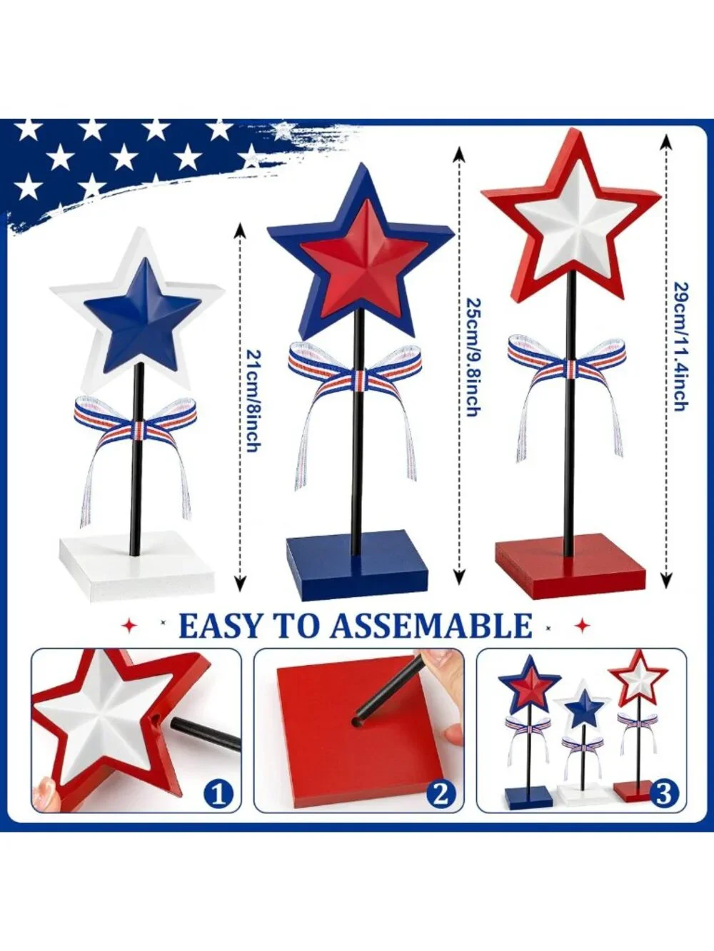 4th of July Tiered Tray Decor - Rustic Red White Blue Star Set for Home Tables